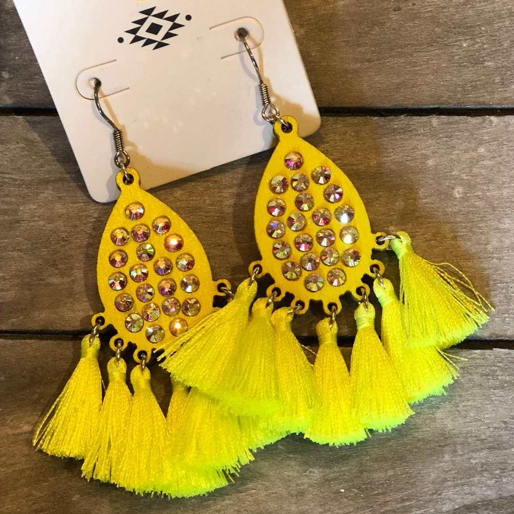 Neon yellow wood and crystal earrings